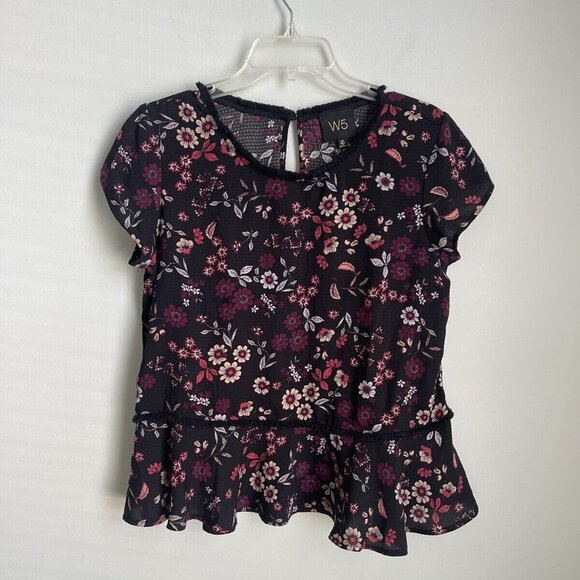 W5 Multicolor Floral Peplum Fringed Short Sleeve Top Blouse Women's - Picture 7 of 8